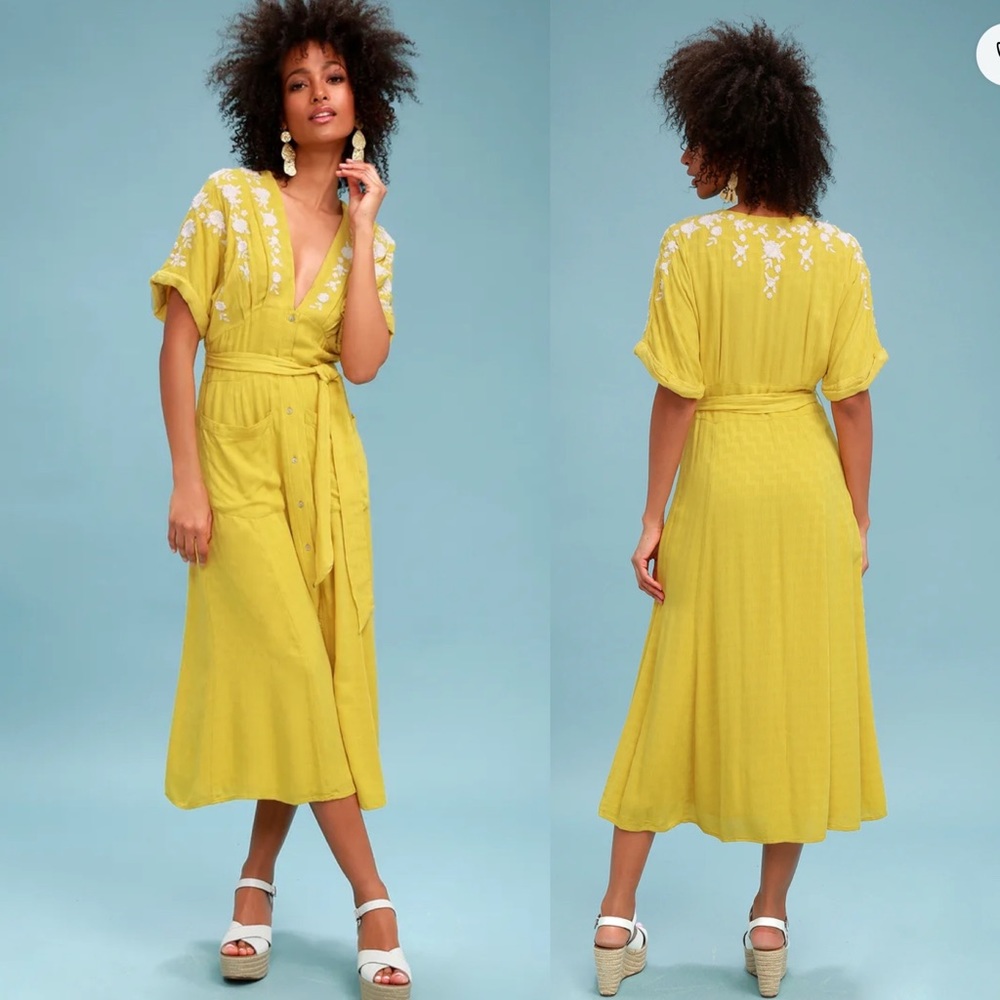 Free People Love to Love You Mustard Yellow Embroidered Button-Up Midi Dress L